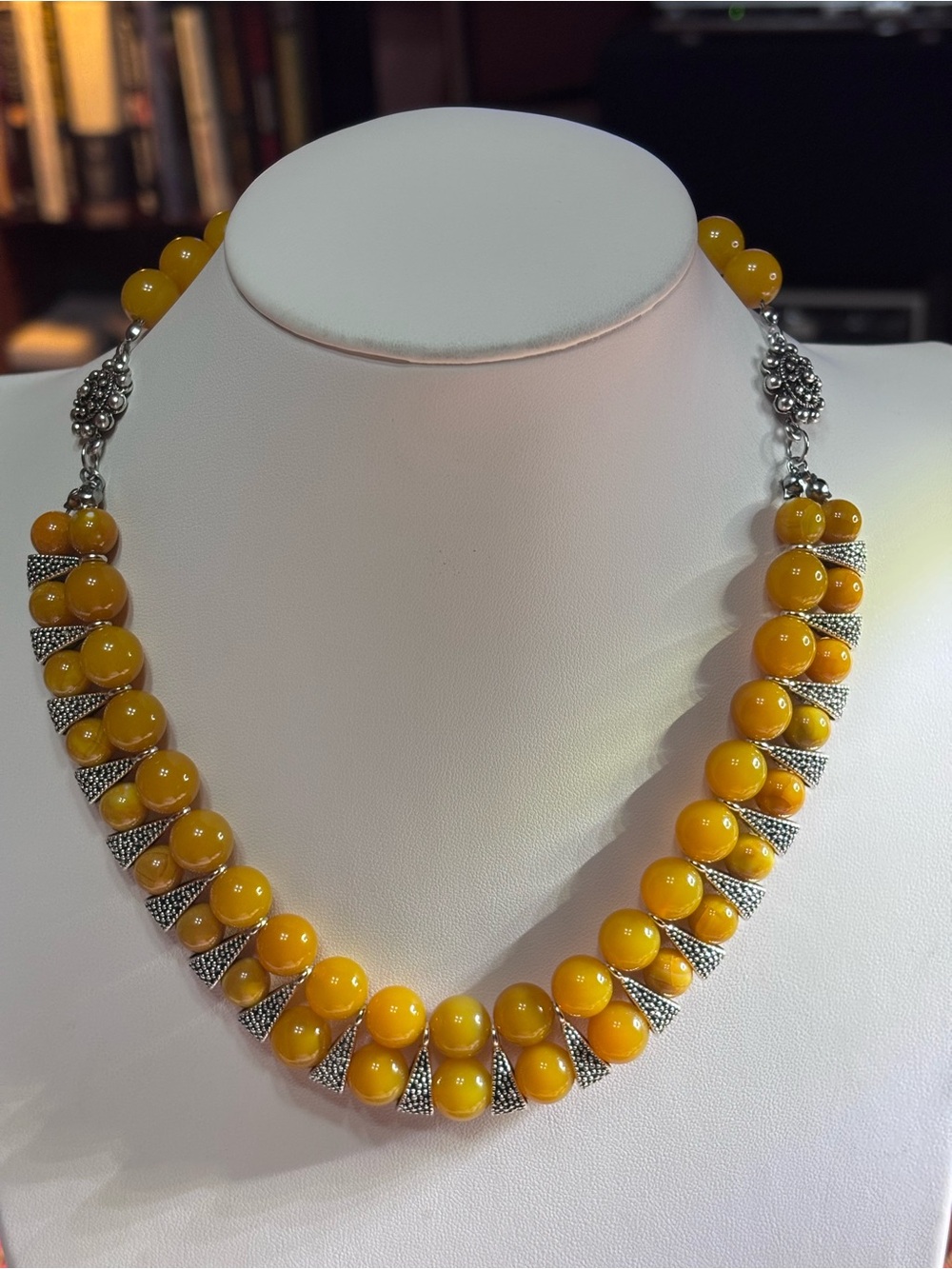 Handmade Statement Necklace Mango Agate Yellow Beads Pewter Accents 17 inches